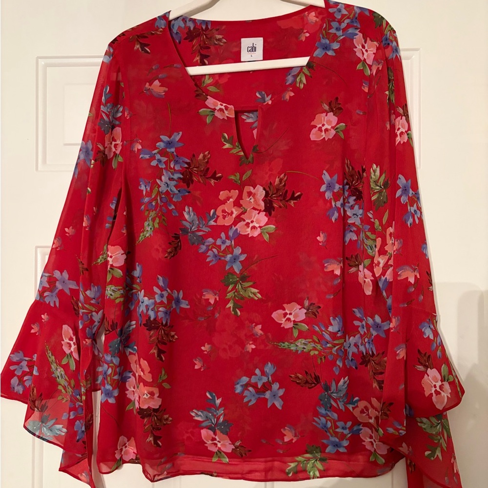 CAbi Red Floral Sheer Blouse - Size L